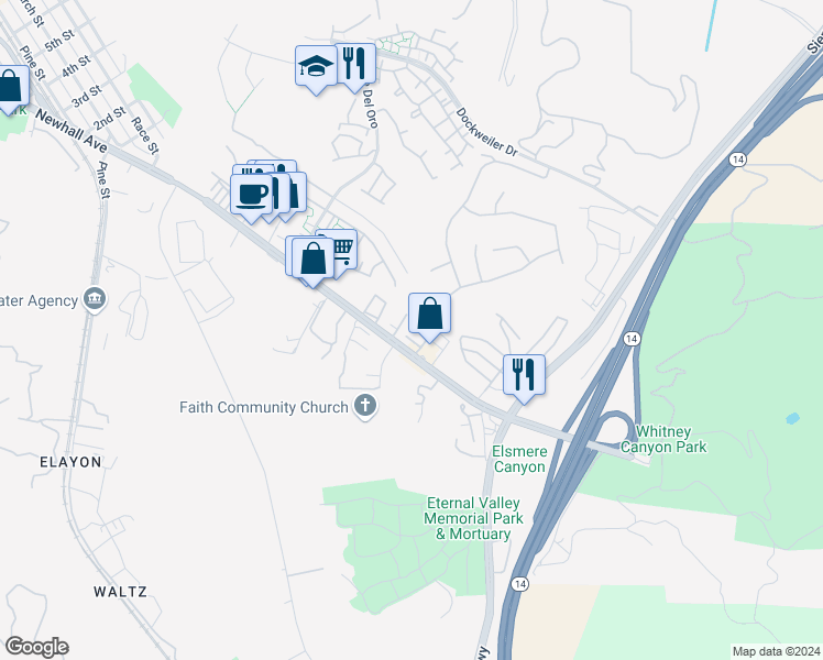 map of restaurants, bars, coffee shops, grocery stores, and more near 23542 Newhall Avenue in Santa Clarita