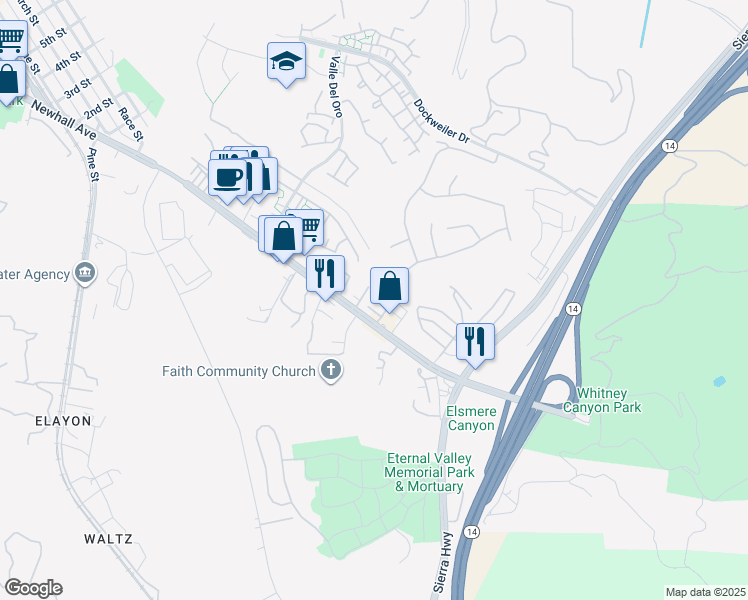 map of restaurants, bars, coffee shops, grocery stores, and more near 23542 Newhall Avenue in Santa Clarita
