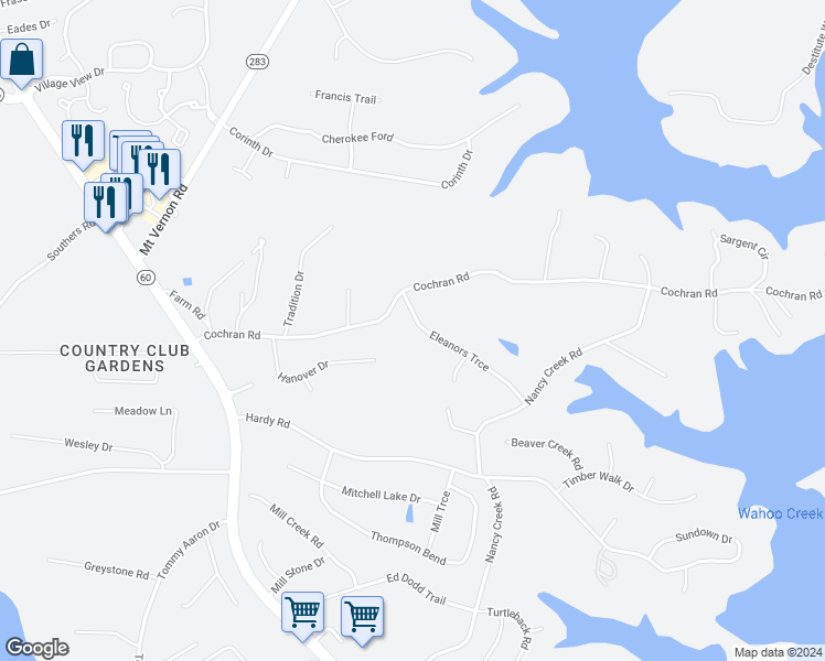 map of restaurants, bars, coffee shops, grocery stores, and more near 3661 Eleanors Trce in Gainesville