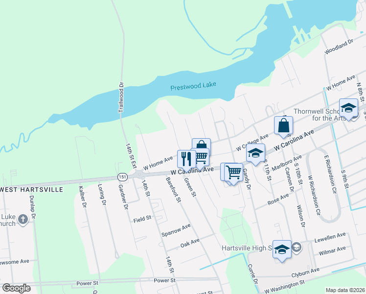 map of restaurants, bars, coffee shops, grocery stores, and more near 310 Kings Place Road in Hartsville