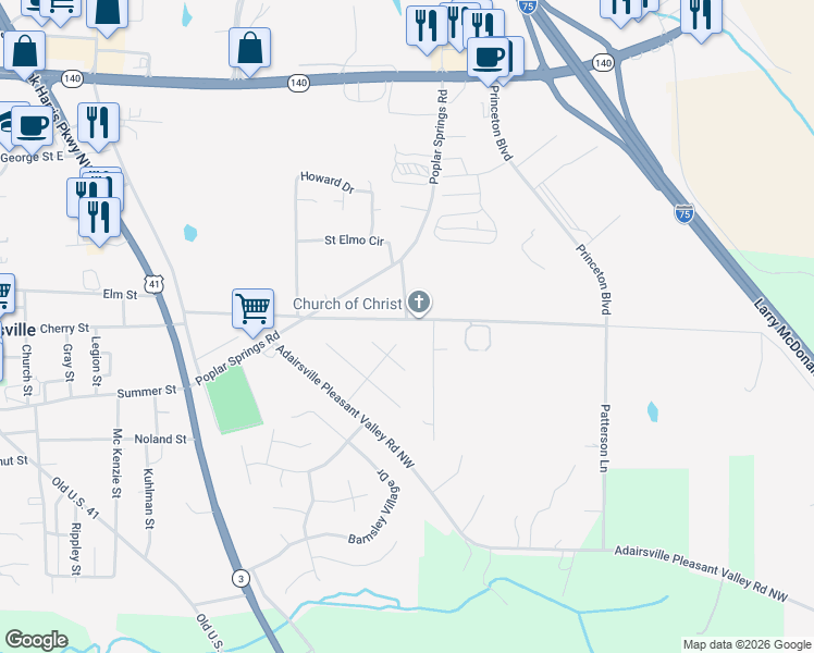 map of restaurants, bars, coffee shops, grocery stores, and more near 416 Martin Luther King Drive in Adairsville