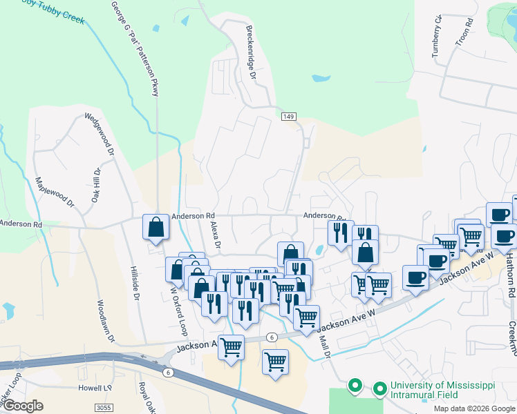 map of restaurants, bars, coffee shops, grocery stores, and more near 213 James Circle in Oxford