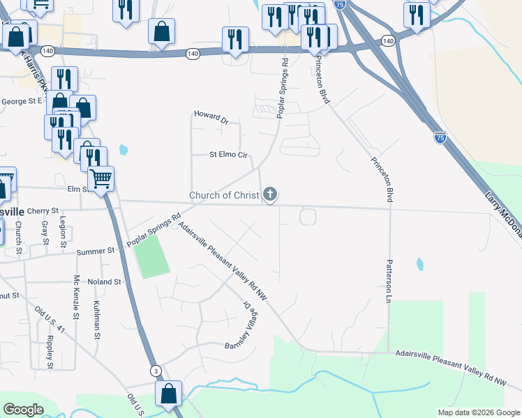 map of restaurants, bars, coffee shops, grocery stores, and more near 416 Martin Luther King Drive in Adairsville