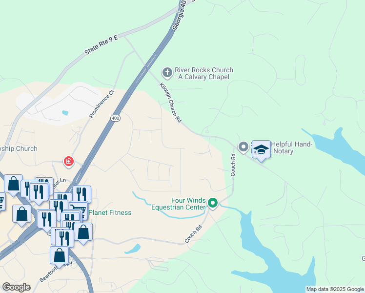 map of restaurants, bars, coffee shops, grocery stores, and more near 580 Kilough Church Road in Dawsonville