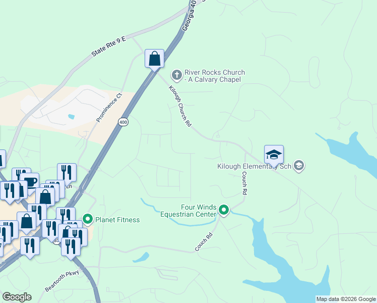 map of restaurants, bars, coffee shops, grocery stores, and more near 580 Kilough Church Road in Dawsonville
