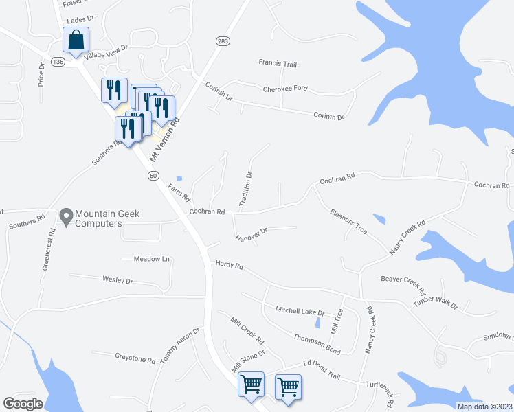 map of restaurants, bars, coffee shops, grocery stores, and more near 3617 Cochran Road in Gainesville