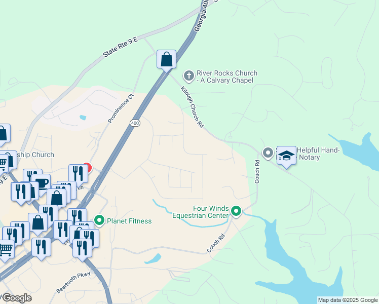 map of restaurants, bars, coffee shops, grocery stores, and more near 524 Kilough Church Road in Dawsonville