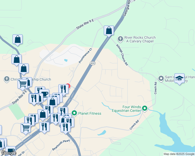 map of restaurants, bars, coffee shops, grocery stores, and more near 212 Prominence Court in Dawsonville