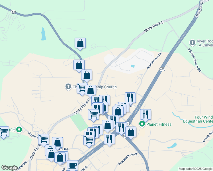 map of restaurants, bars, coffee shops, grocery stores, and more near 131 Lumpkin Campground Road North in Dawsonville