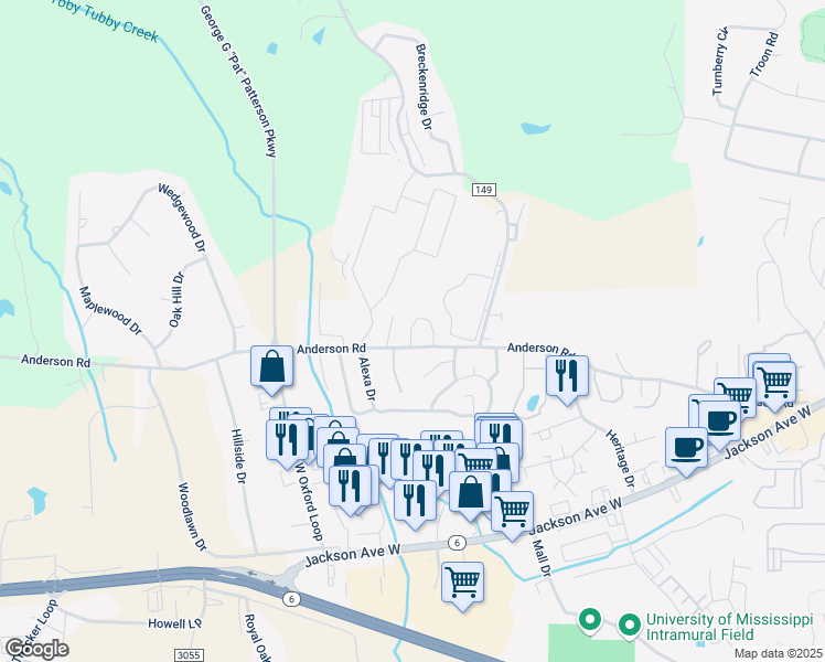 map of restaurants, bars, coffee shops, grocery stores, and more near 220 James Circle in Oxford