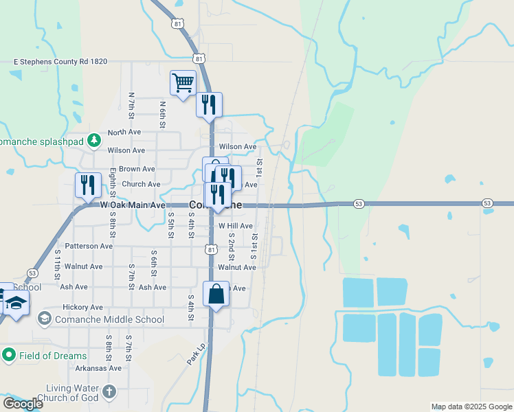map of restaurants, bars, coffee shops, grocery stores, and more near 105 South 1st Street in Comanche