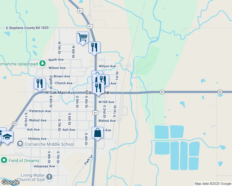 map of restaurants, bars, coffee shops, grocery stores, and more near 105 South 1st Street in Comanche