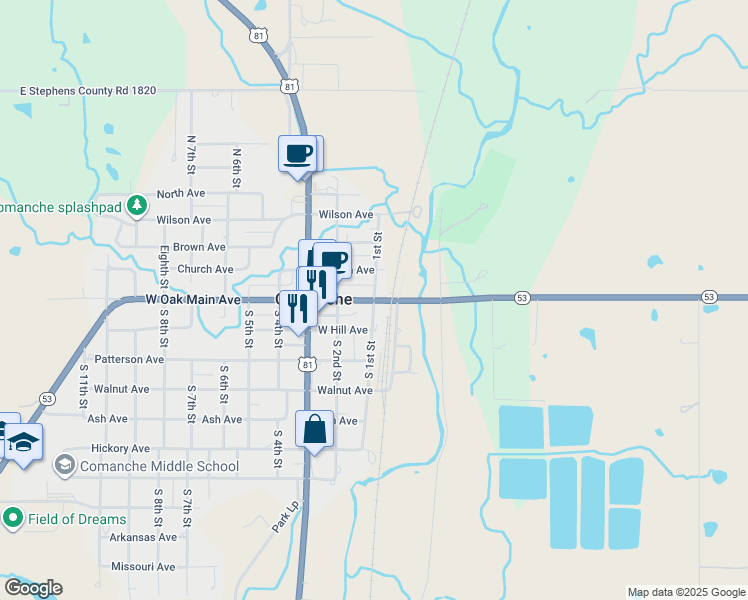 map of restaurants, bars, coffee shops, grocery stores, and more near 1st Street in Comanche