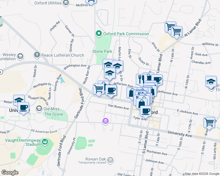 map of restaurants, bars, coffee shops, grocery stores, and more near 304 North 5th Street in Oxford