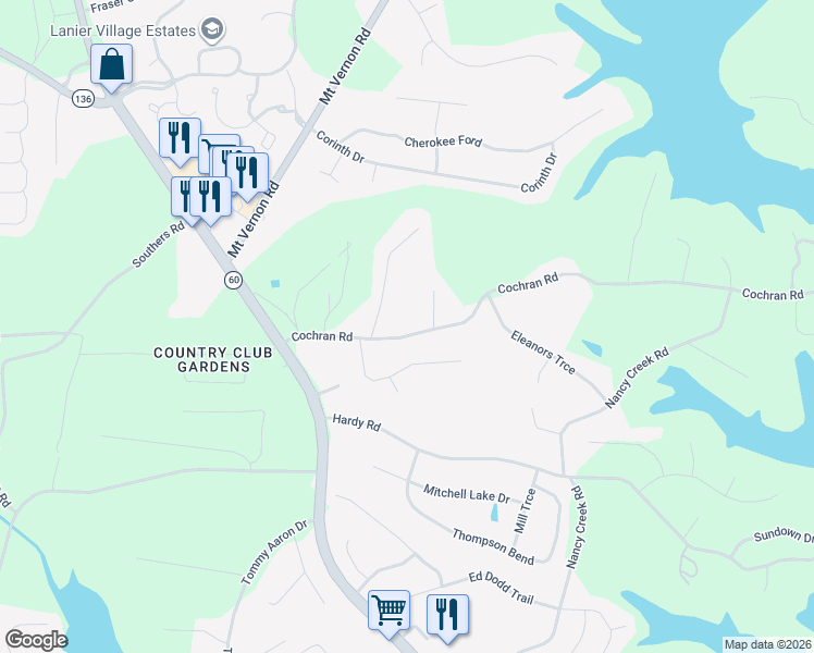 map of restaurants, bars, coffee shops, grocery stores, and more near 3623 Cochran Road in Gainesville