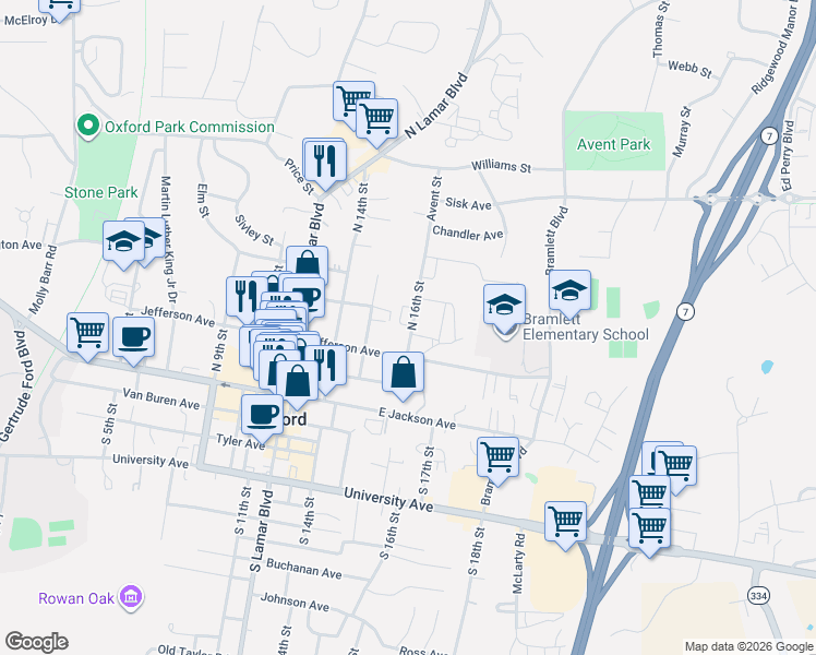 map of restaurants, bars, coffee shops, grocery stores, and more near 123 North 16th Street in Oxford