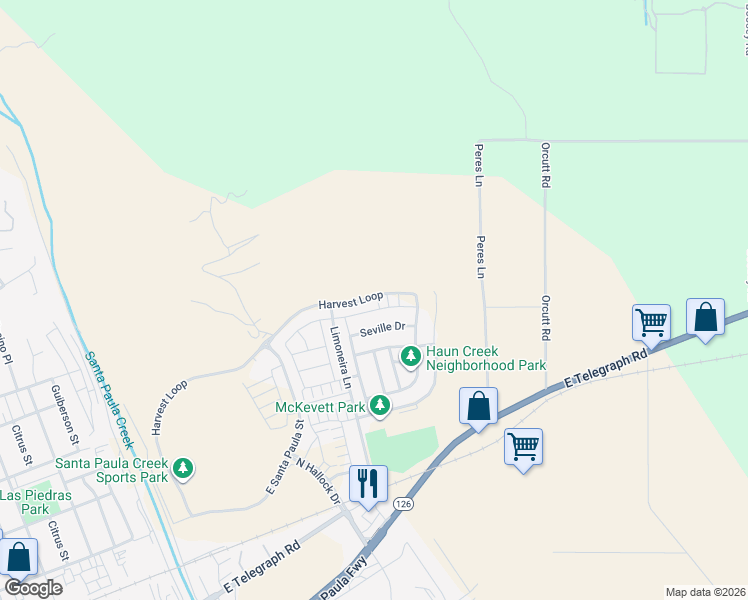 map of restaurants, bars, coffee shops, grocery stores, and more near 2130 Harvest Loop in Santa Paula
