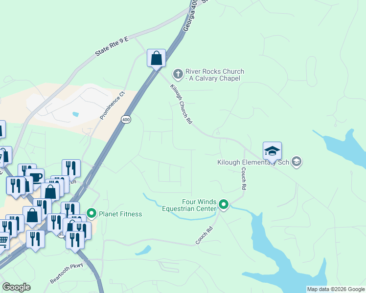 map of restaurants, bars, coffee shops, grocery stores, and more near 524 Kilough Church Road in Dawsonville