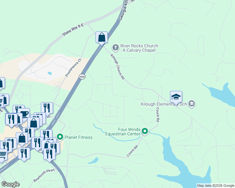 map of restaurants, bars, coffee shops, grocery stores, and more near 524 Kilough Church Road in Dawsonville
