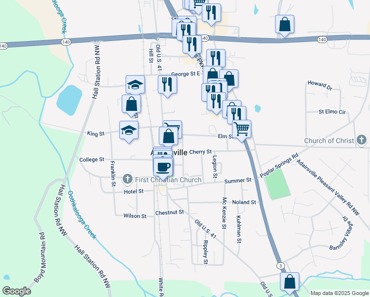 map of restaurants, bars, coffee shops, grocery stores, and more near 101 Cherry Street in Adairsville