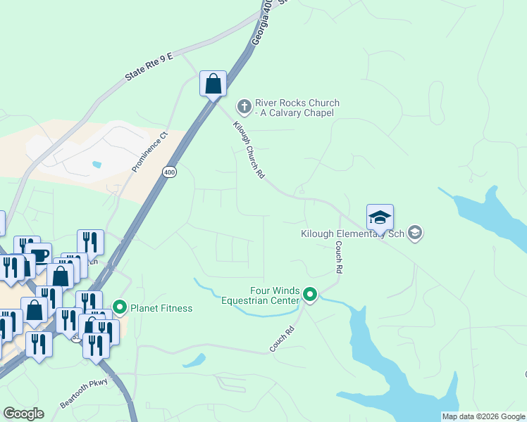 map of restaurants, bars, coffee shops, grocery stores, and more near 580 Kilough Church Road in Dawsonville