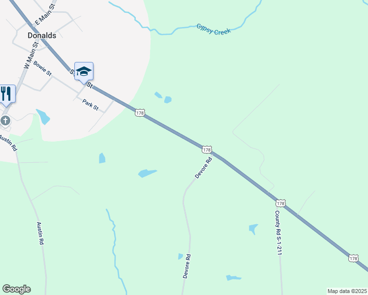 map of restaurants, bars, coffee shops, grocery stores, and more near 198 U.S. 178 in Donalds