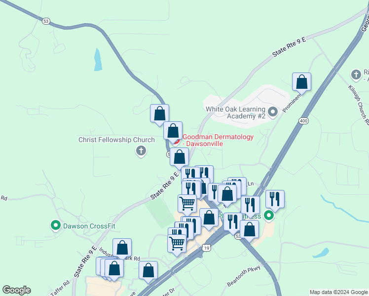 map of restaurants, bars, coffee shops, grocery stores, and more near 131 Lumpkin Campground Road North in Dawsonville