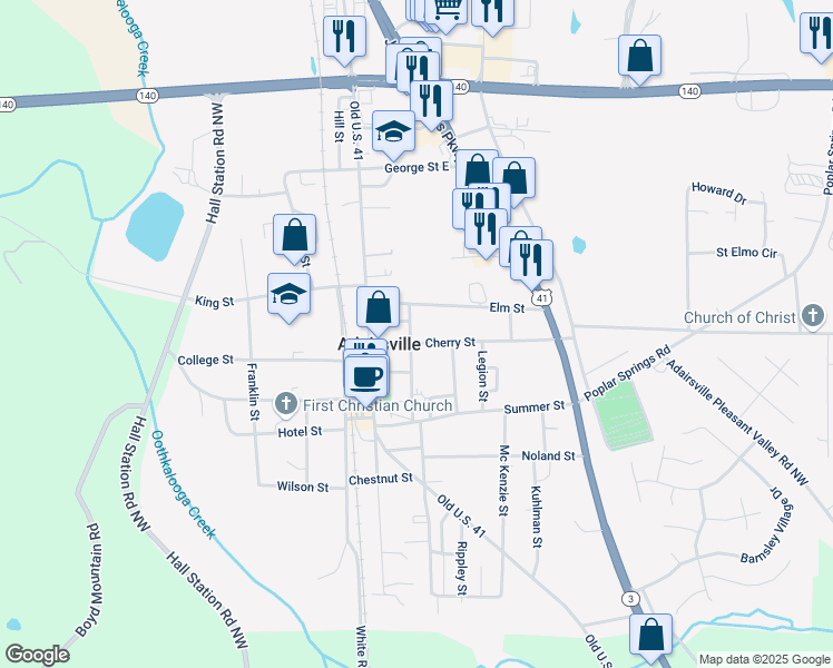 map of restaurants, bars, coffee shops, grocery stores, and more near 101 Cherry Street in Adairsville