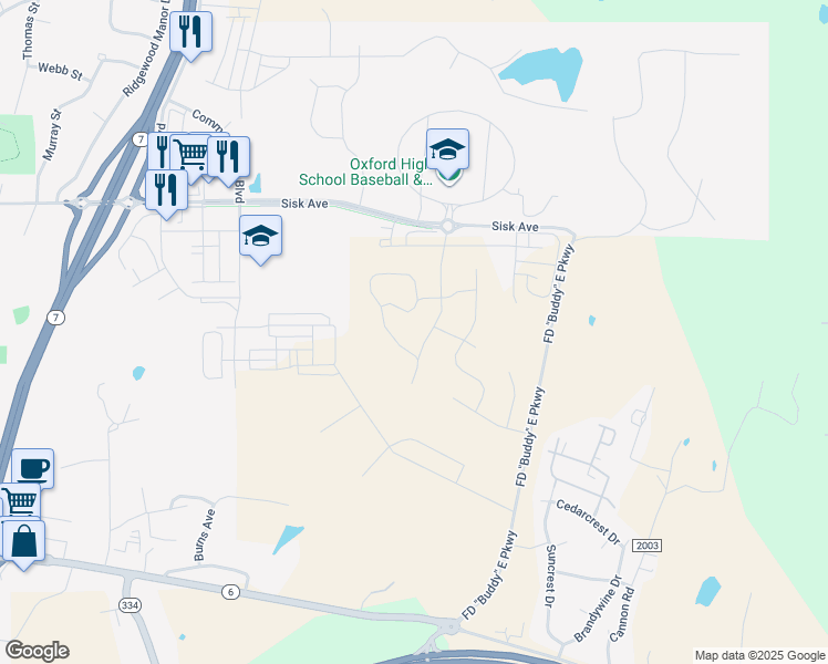 map of restaurants, bars, coffee shops, grocery stores, and more near 207 Persimmon Lane in Oxford