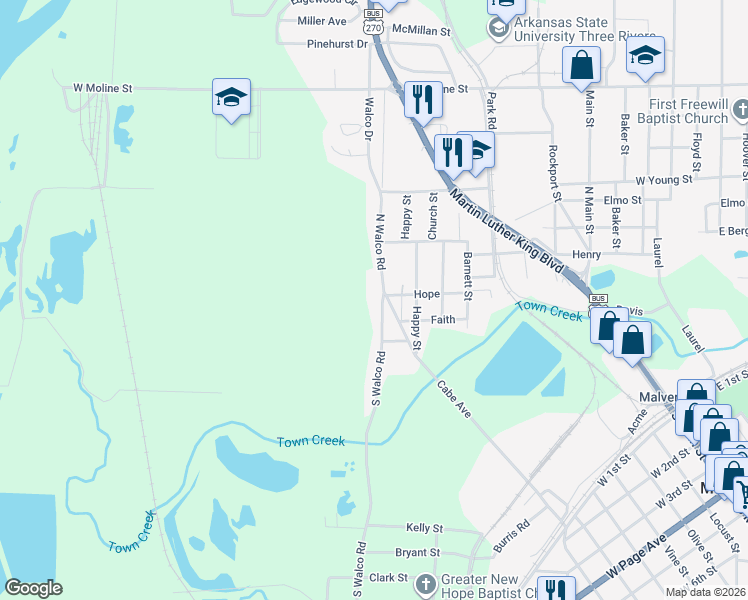 map of restaurants, bars, coffee shops, grocery stores, and more near 223 North Walco Road in Malvern