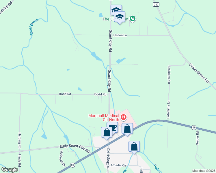 map of restaurants, bars, coffee shops, grocery stores, and more near 477 Scant City Road in Guntersville