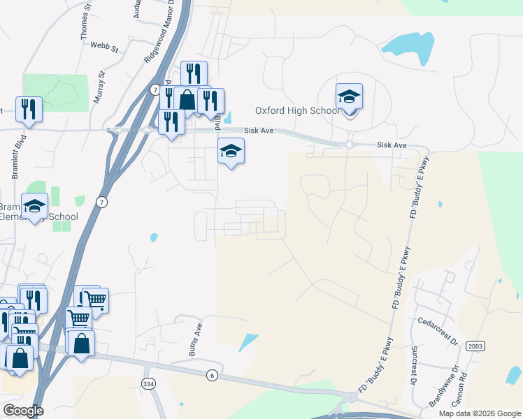 map of restaurants, bars, coffee shops, grocery stores, and more near 209 Commonwealth Boulevard in Oxford