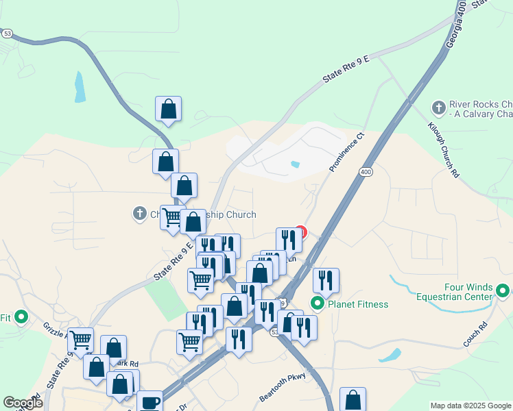 map of restaurants, bars, coffee shops, grocery stores, and more near 122 Founders Drive in Dawsonville