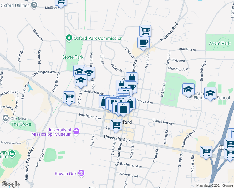 map of restaurants, bars, coffee shops, grocery stores, and more near 1003 Jefferson Avenue in Oxford