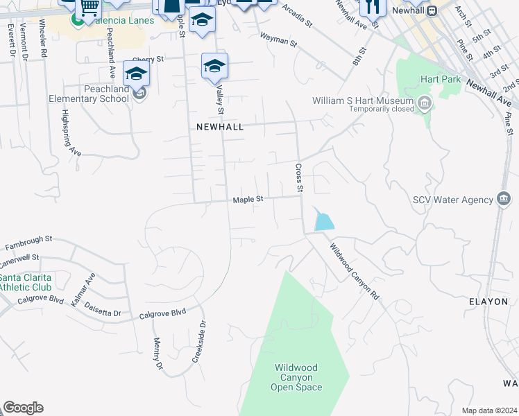 map of restaurants, bars, coffee shops, grocery stores, and more near 23306 Maple Street in Santa Clarita