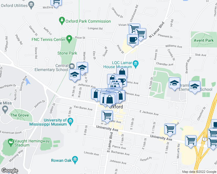 map of restaurants, bars, coffee shops, grocery stores, and more near 1001 Jefferson Avenue in Oxford