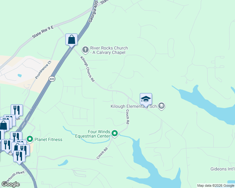 map of restaurants, bars, coffee shops, grocery stores, and more near 734 Kilough Church Road in Dawsonville