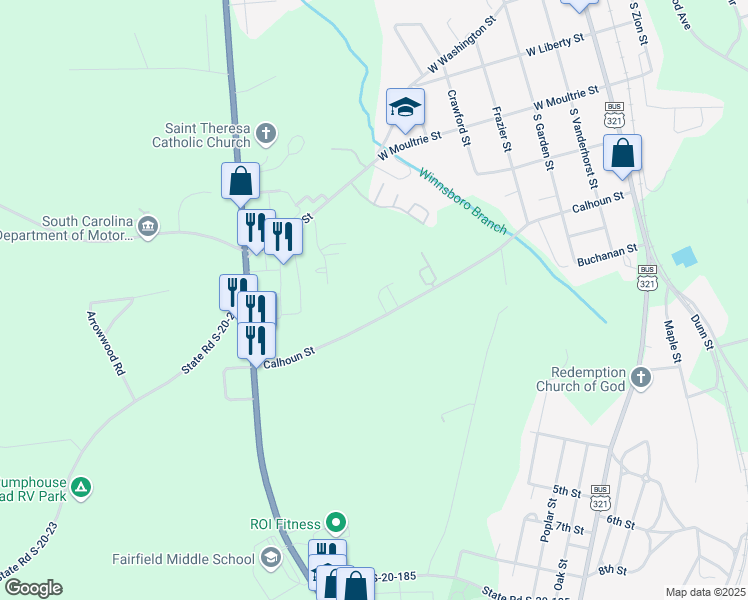 map of restaurants, bars, coffee shops, grocery stores, and more near 200 Castlewood Drive in Winnsboro