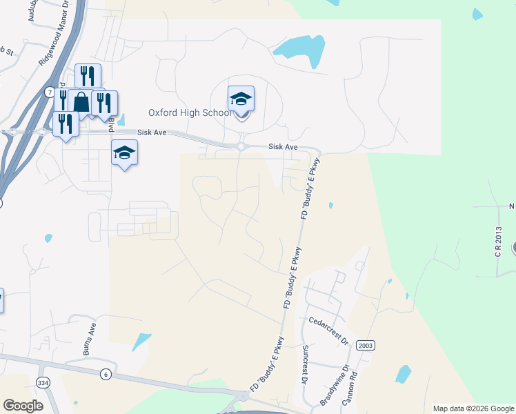 map of restaurants, bars, coffee shops, grocery stores, and more near 207 Persimmon Ln in Oxford