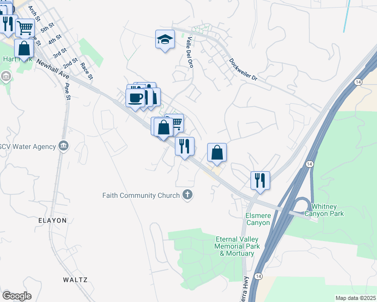 map of restaurants, bars, coffee shops, grocery stores, and more near 20971 Judah Lane in Santa Clarita