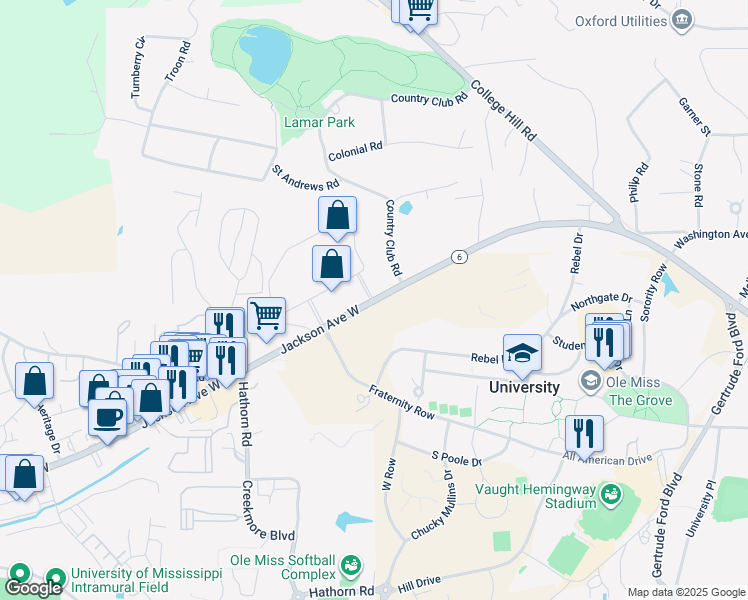 map of restaurants, bars, coffee shops, grocery stores, and more near 1111 Jackson Avenue West in Oxford