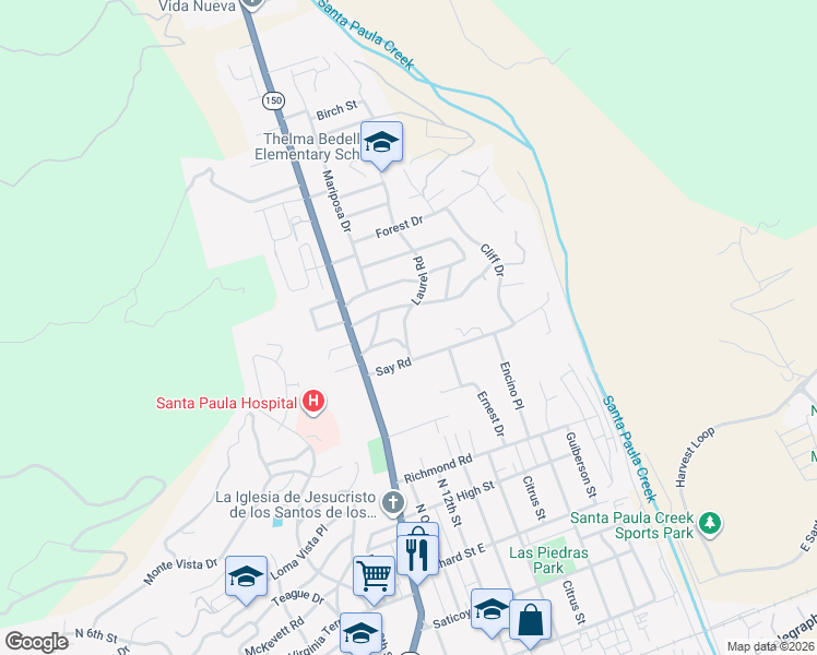 map of restaurants, bars, coffee shops, grocery stores, and more near 933 Laurel Road in Santa Paula