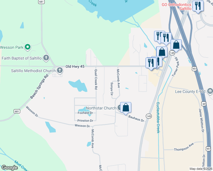 map of restaurants, bars, coffee shops, grocery stores, and more near 127 Sonya Circle in Saltillo