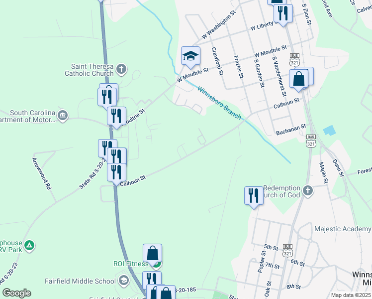 map of restaurants, bars, coffee shops, grocery stores, and more near 200 Castlewood Drive in Winnsboro