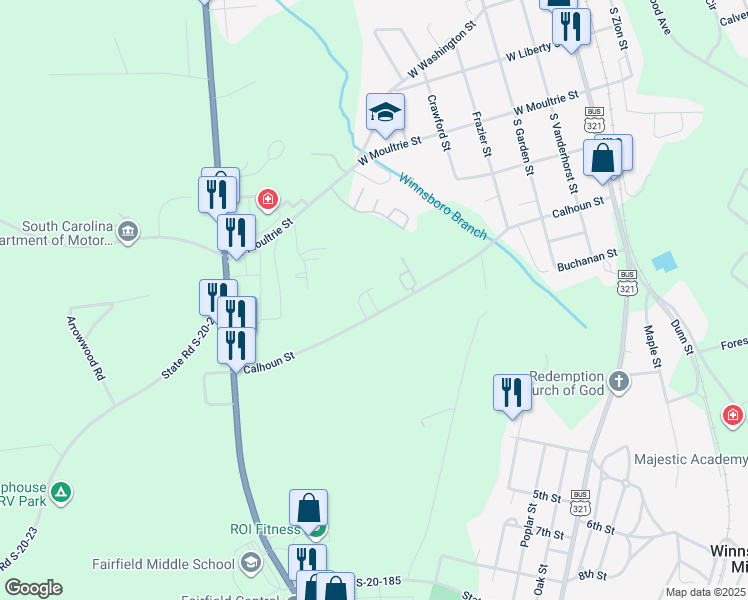map of restaurants, bars, coffee shops, grocery stores, and more near 200 Castlewood Drive in Winnsboro