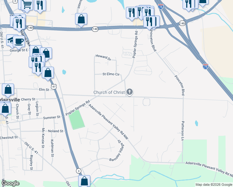 map of restaurants, bars, coffee shops, grocery stores, and more near 365 Martin Luther King Drive in Adairsville