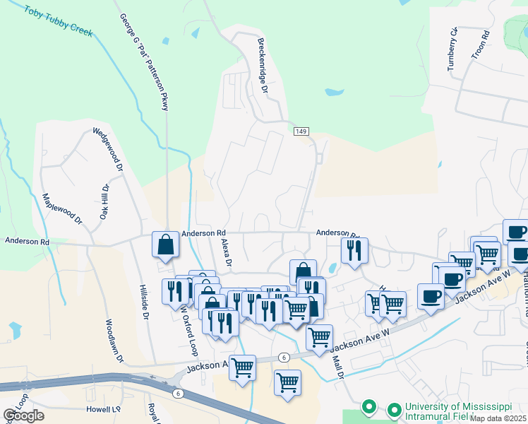 map of restaurants, bars, coffee shops, grocery stores, and more near 220 James Circle in Oxford