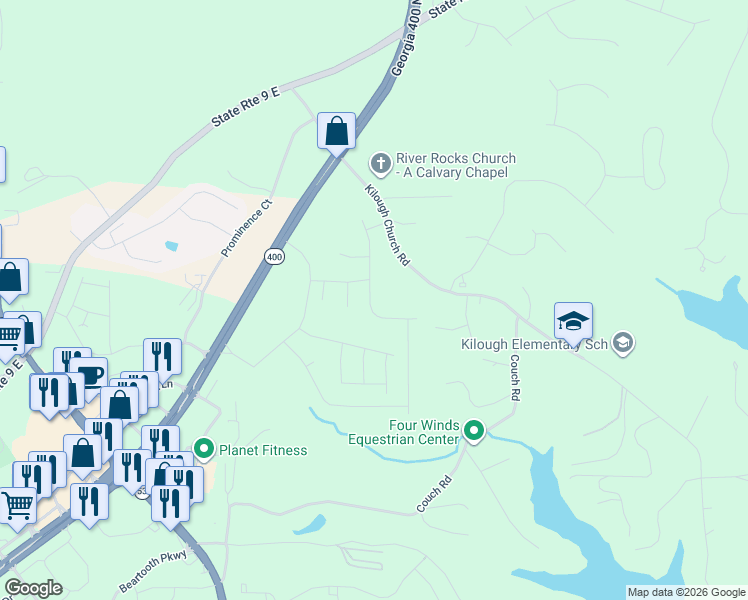 map of restaurants, bars, coffee shops, grocery stores, and more near 524 Kilough Church Road in Dawsonville