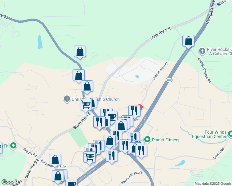 map of restaurants, bars, coffee shops, grocery stores, and more near 143 Founders Drive in Dawsonville