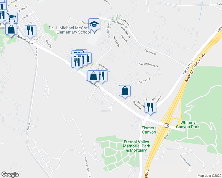 map of restaurants, bars, coffee shops, grocery stores, and more near 20971 Judah Lane in Santa Clarita